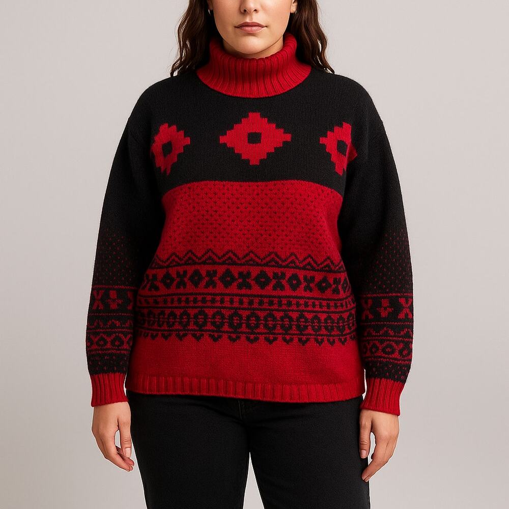 Esprit Vintage 100% Wool Turtleneck Sweater Red Black Aztec Fair Isle Knit L